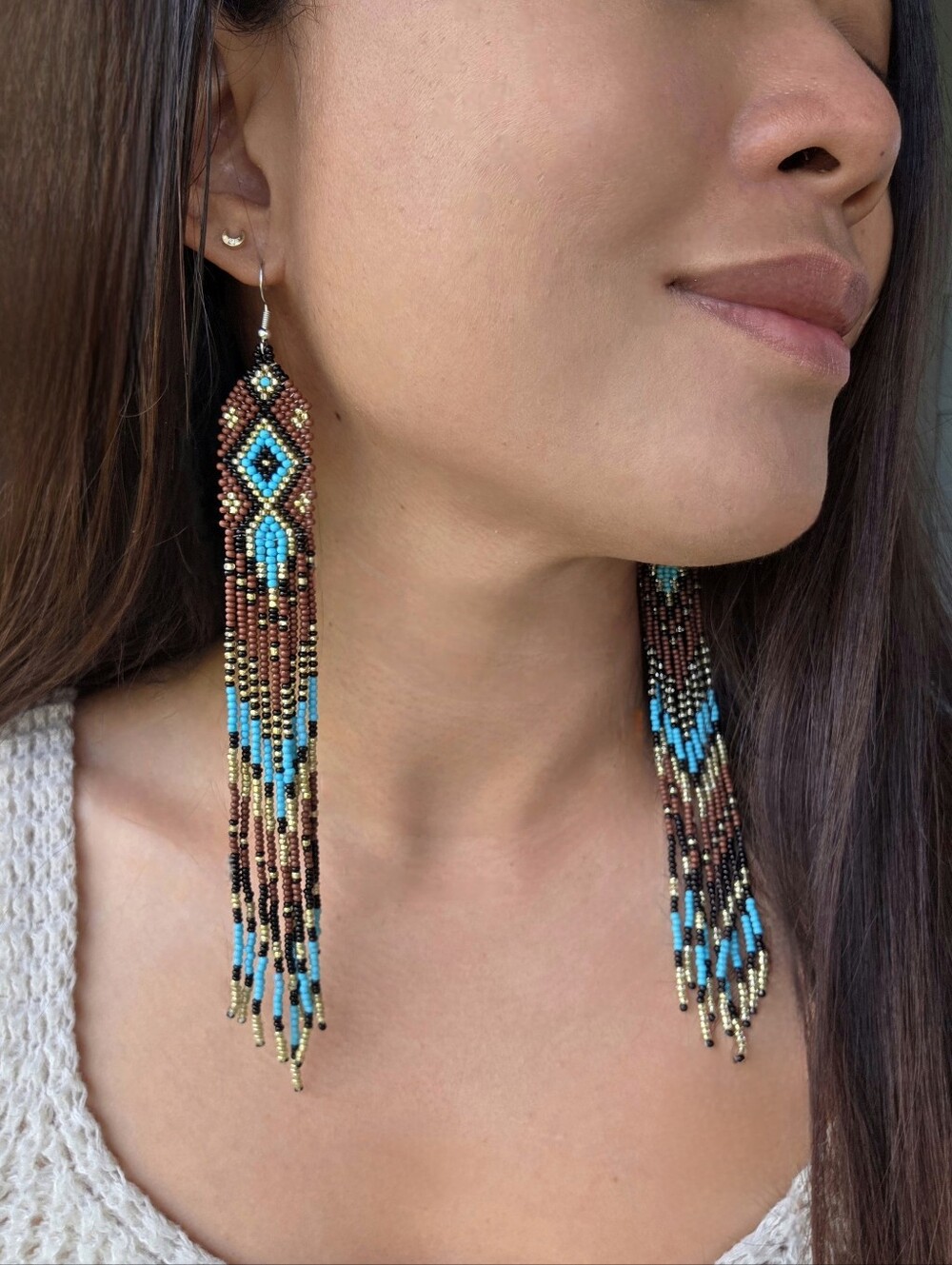 Handmade Boho Beaded Fringe Earrings - Turquoise & Brown Southwestern Long